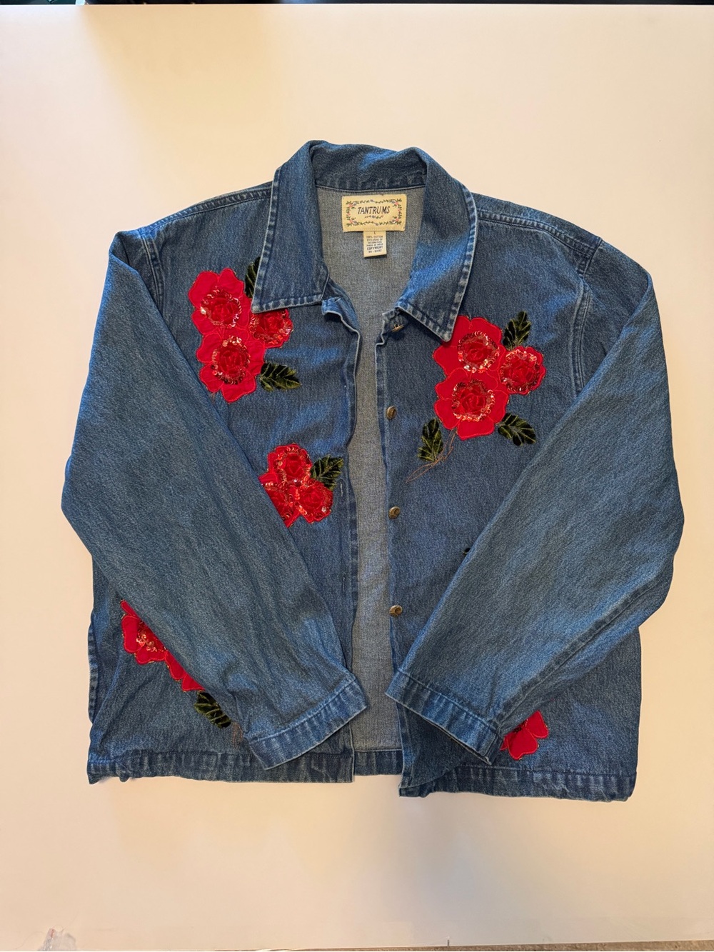 Vintage Tantrums Jean Overshirt Jacket with red floral embroidery